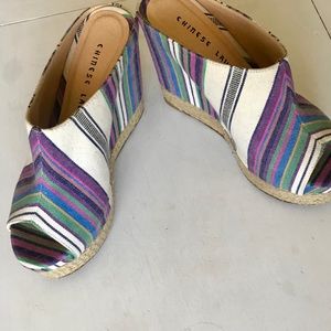 Chinese Laundry Multicolor Striped Canvas Wedge Mules